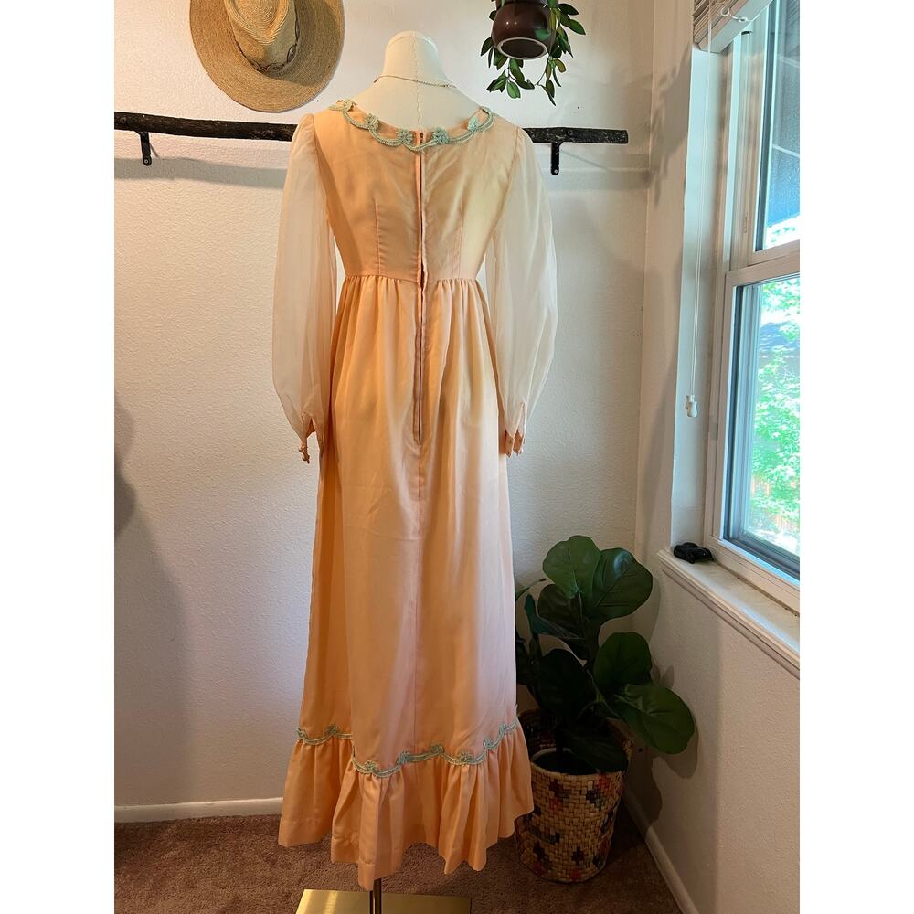 Vintage 60s Peach Green Floral Trim Princess Puffed Long Sleeve Dress Size Small - Picture 7 of 15